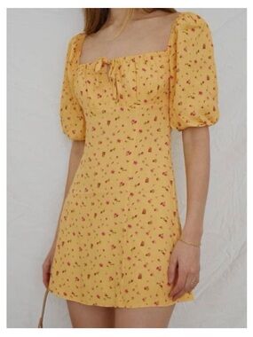 Yellow Floral Square-Neck Puff-Sleeve Mini Dress